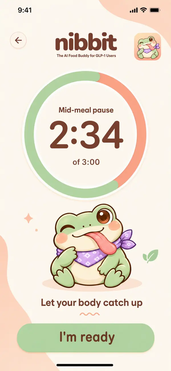 Nibbit mid-meal pause timer at 2:34 of 3:00 with the message: Let your body catch up
